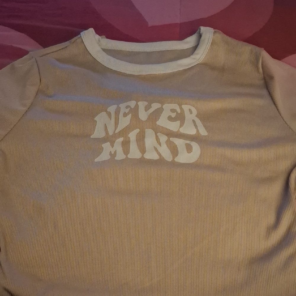 SHEIN Beige Ribbed Long Sleeve Tee with White Graphic Trim